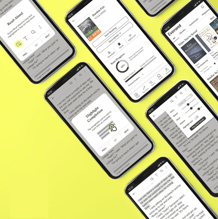 Mockup of multiple smartphones showing screens of the Everand redesign