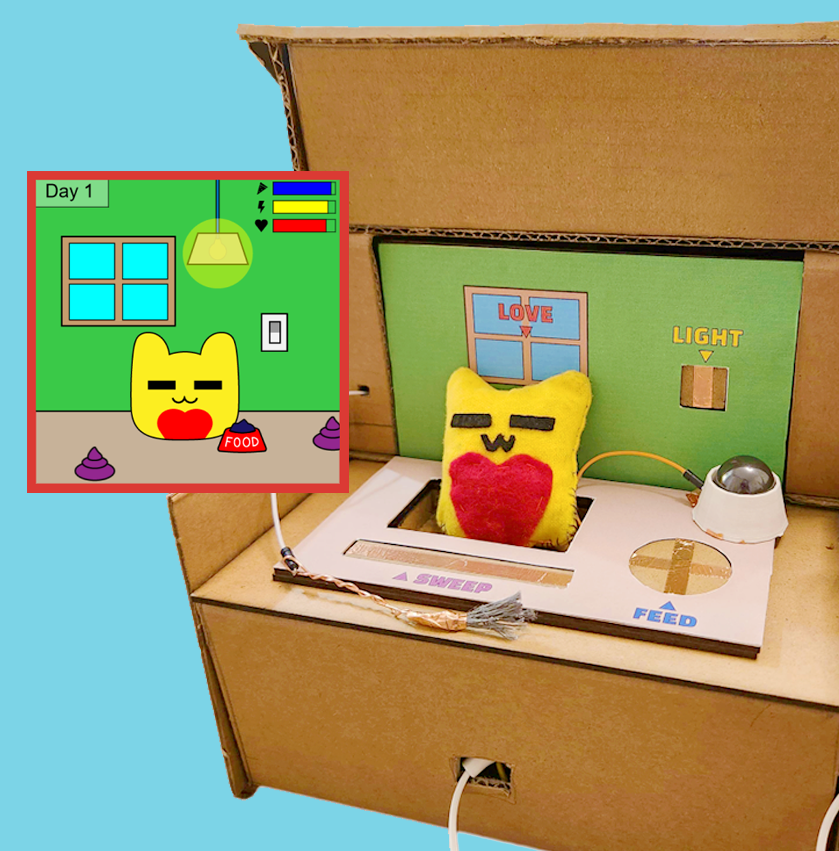 A mid-fidelity house-shaped prototype with a small hamster doll sitting inside. A digital version of the set up is also shown.